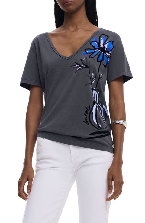 Floral V-Neck Cotton Graphic T-Shirt