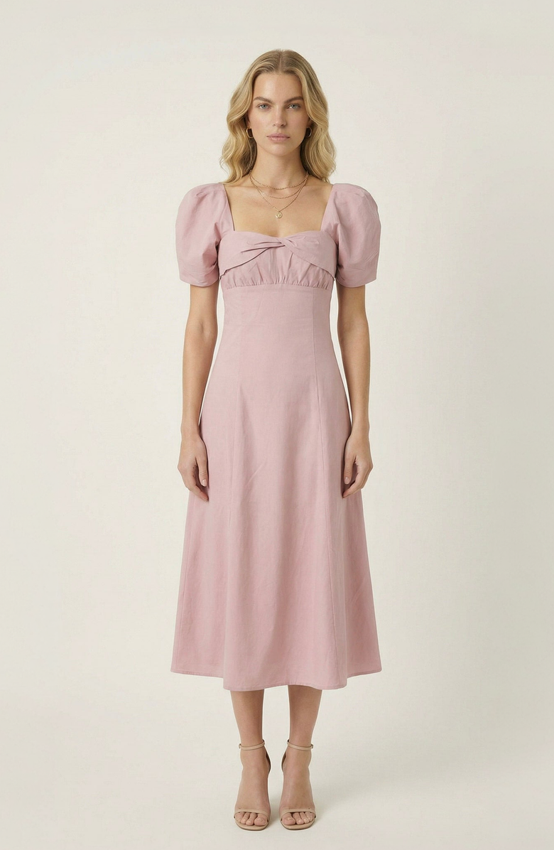 Modenaire Twist Front Puff Sleeve Midi Dress, Main, color, Dusty Rose