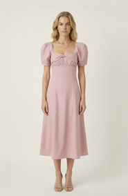 Modenaire Twist Front Puff Sleeve Midi Dress