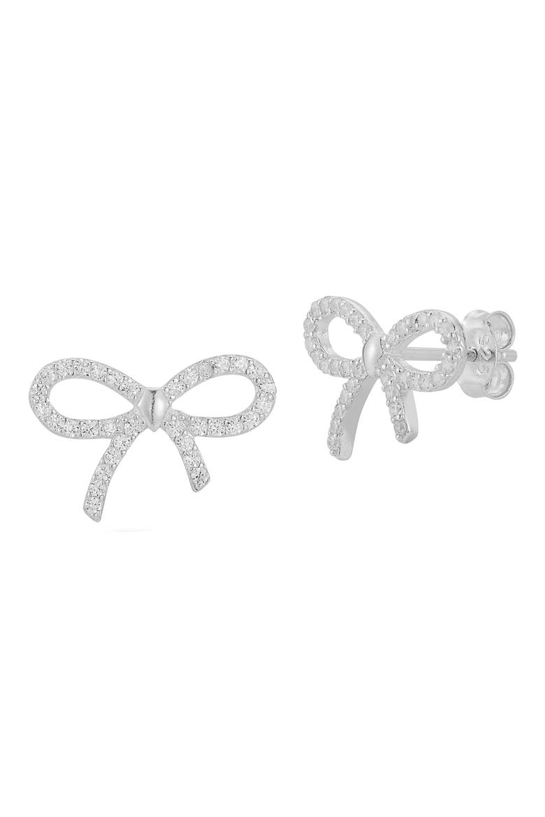 Rhodium Plated Sterling Silver Pavé Bow Stud Earrings, Main, color, SILVER