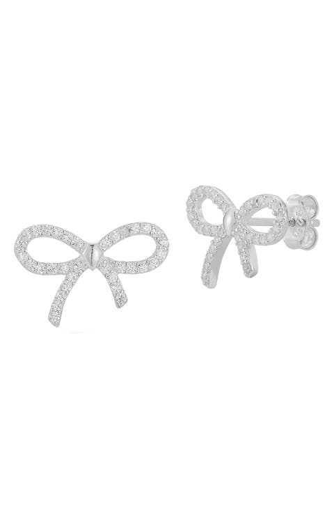 Rhodium Plated Sterling Silver Pavé Bow Stud Earrings