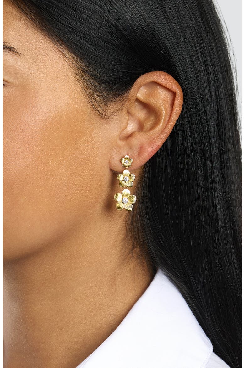 Cubic Zirconia Triple Flower Drop Earrings, Alternate, color, GOLD