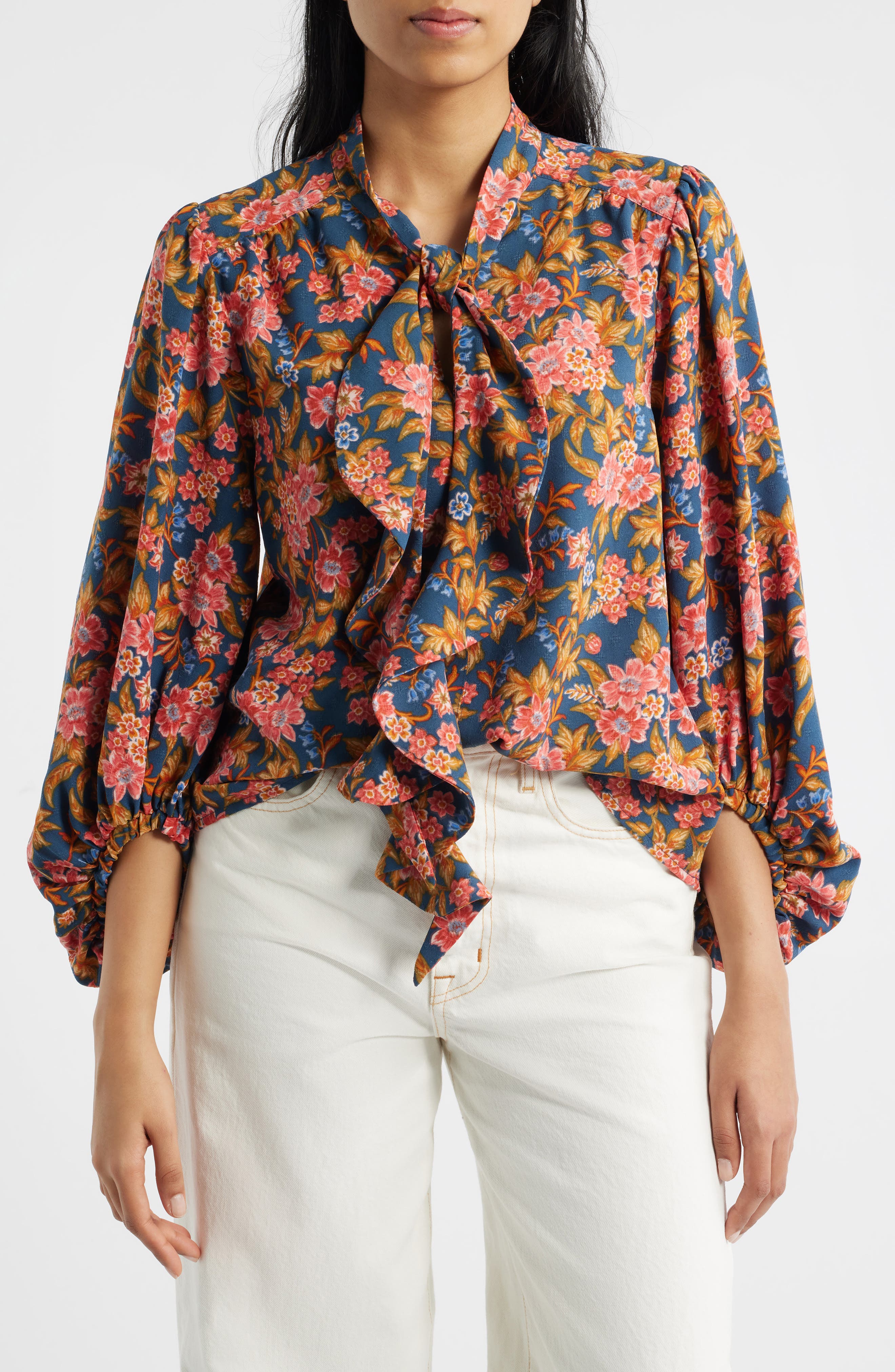 Floral Split Neck Peasant Blouse