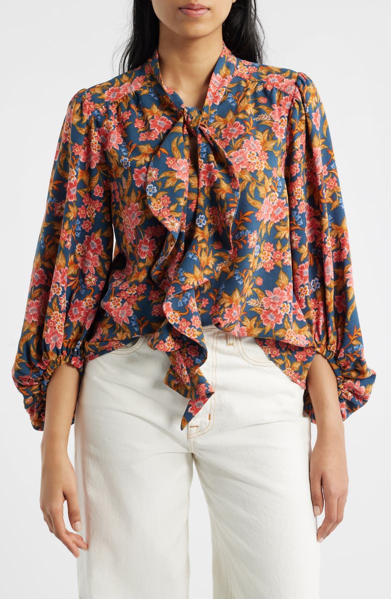 Wit & Wisdom Floral Split Neck Peasant Blouse, Main, color, Navy/ Vintage Lilac Multi