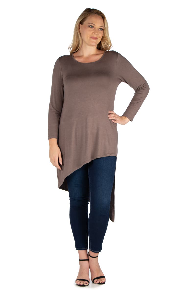 24seven Comfort Apparel Plus Size Long Sleeve Knee Length Asymmetrical Tunic Top, Main, color, Taupe