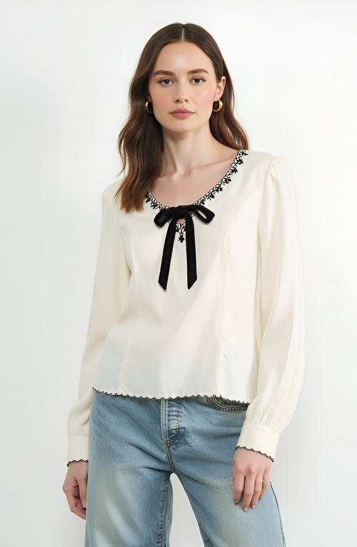 Modenaire Embroidered Blouse With Velvet Bow In White