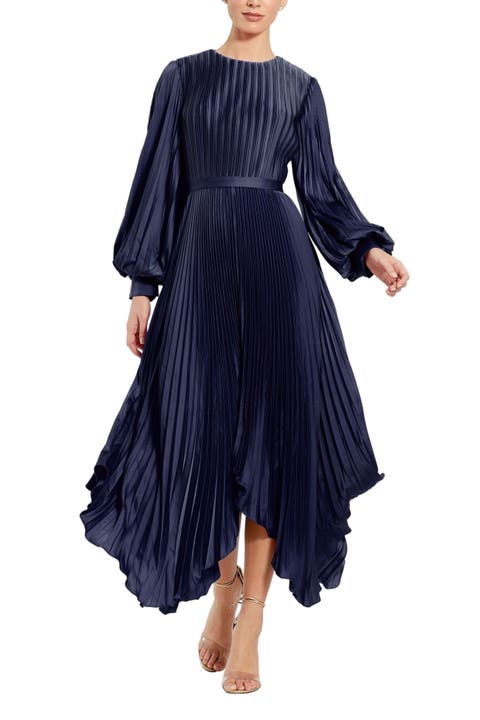 Long Sleeve Pleated Charmeuse Handkerchief Hem Midi Dress