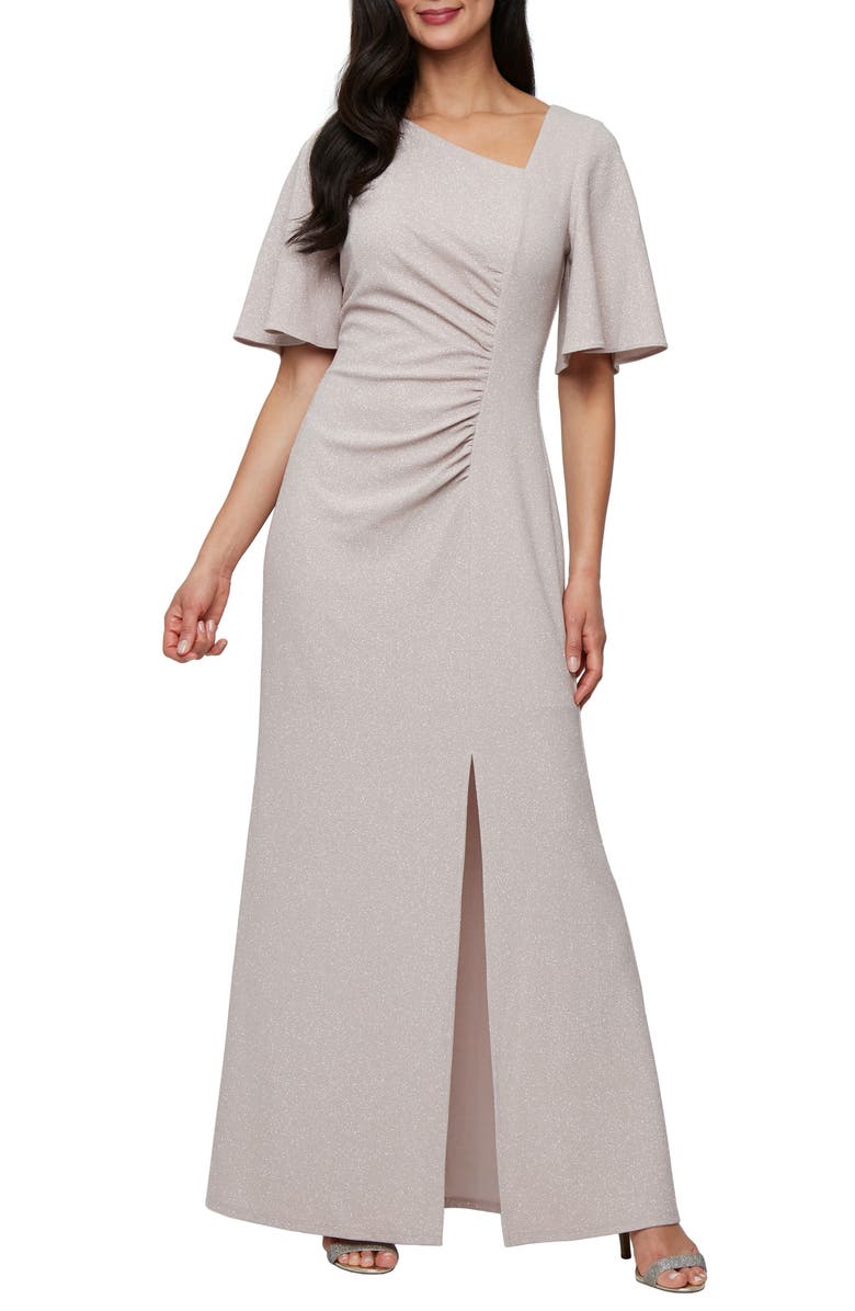 SL FASHIONS Asymmetric Flutter Sleeve Ruched Shimmer Crepe Gown, Main, color, Buff