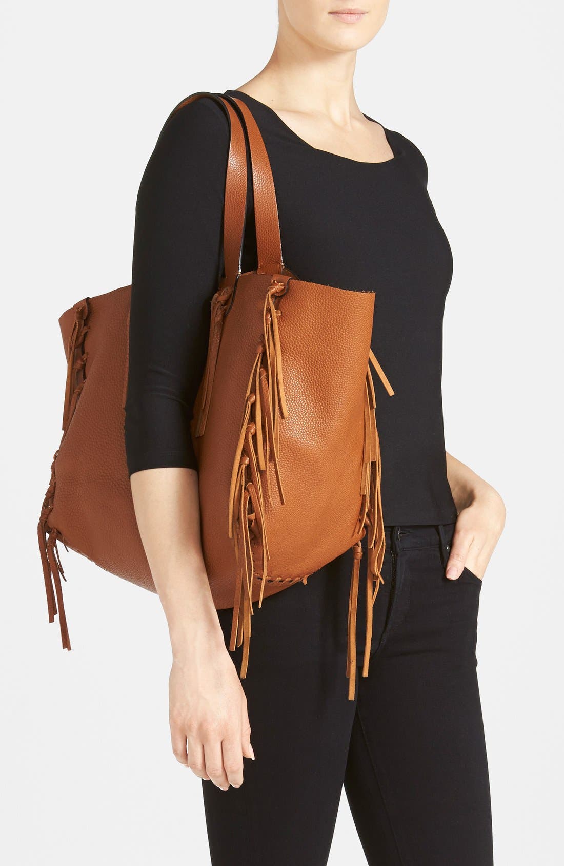 'Crockee' Fringed Leather Tote, Alternate, color, LIGHT CUIR