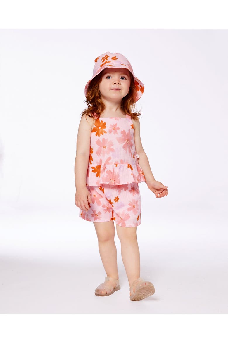 Girl's Printed Tank Top And Short Muslin Set With Frills Pink And Coral Flowers, Alternate, color, Pink And Coral Flowers