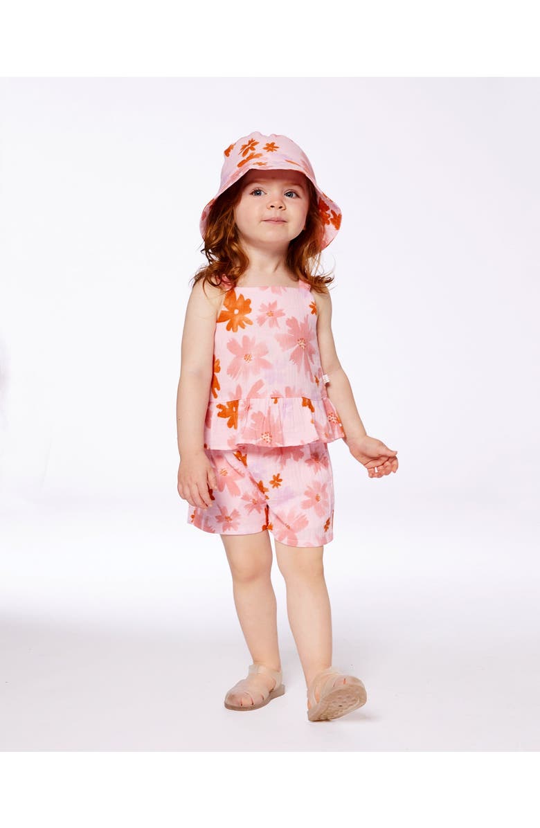 Deux par Deux Girl's Printed Tank Top And Short Muslin Set With Frills Pink And Coral Flowers, Alternate, color, 