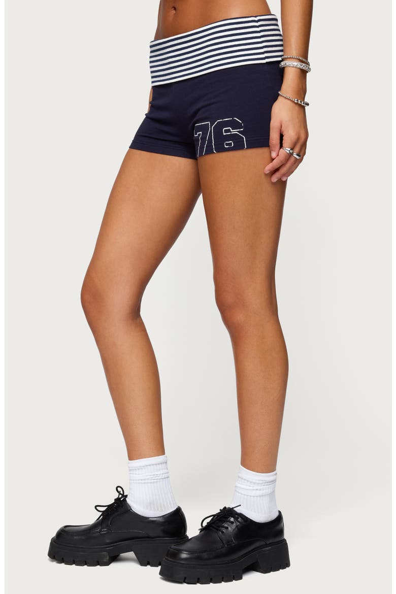 '76 Stripey Stretch Cotton Foldover Shorts, Alternate, color, NAVY-AND-WHITE
