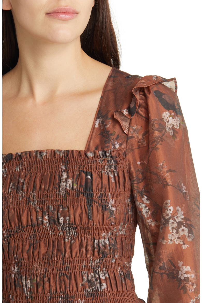Pria Viola Shirred Ruffle Long Sleeve Dress, Alternate, color, CONKER BROWN