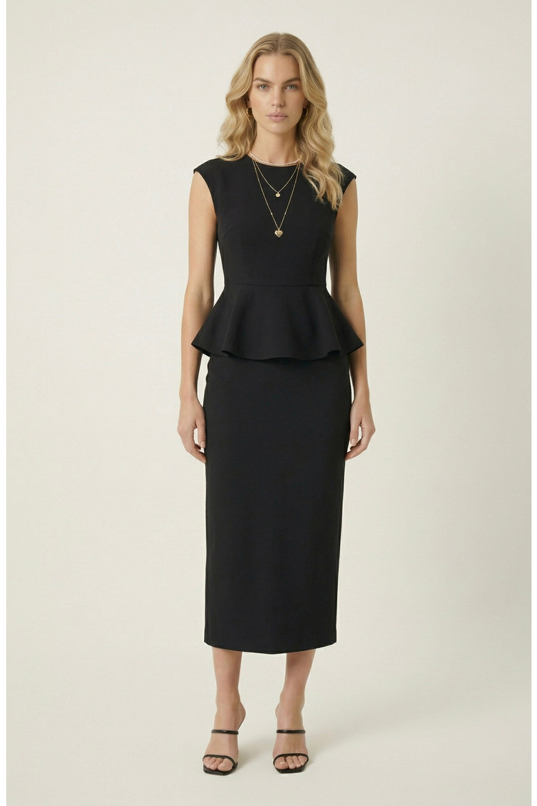 Sleeveless Peplum Top & Tailored Midi Skirt Set, Alternate, color, Black