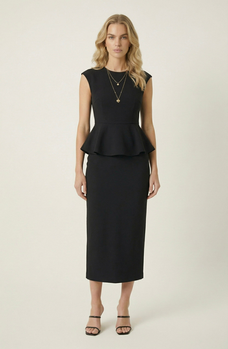 Modenaire Sleeveless Peplum Top & Tailored Midi Skirt Set, Main, color, Black