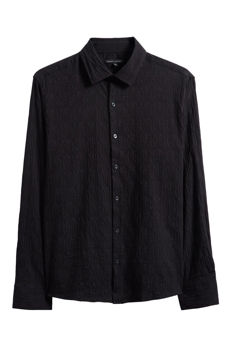 Calyx Black Puckered Stretch Cotton Blend Button-Up Shirt, Alternate, color, BLACK