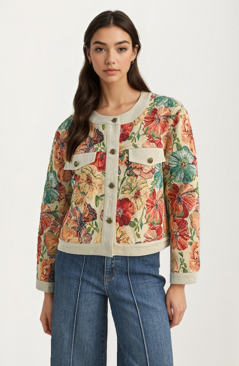 Knit and Lounge Floral Tapestry Button Front Cropped Jacket, Alternate, color, 