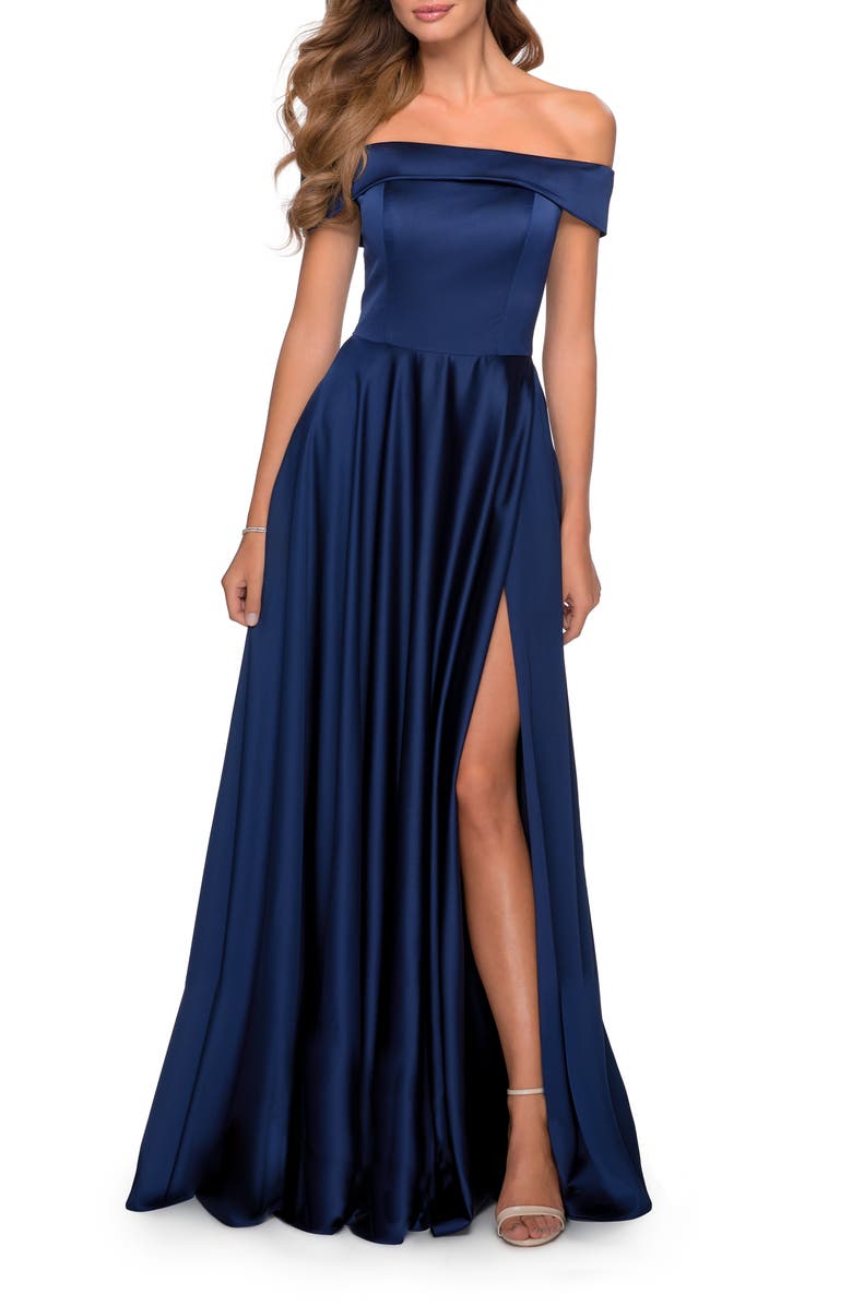 La Femme Satin Off the Shoulder Evening Dress with Pockets, Main, color, Navy