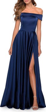 La Femme Satin Off the Shoulder Evening Dress with Pockets