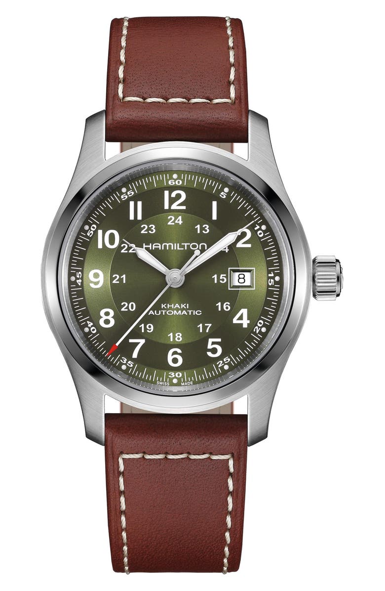 Hamilton Khaki Field Automatic Leather Strap Watch, 42mm, Main, color, Green