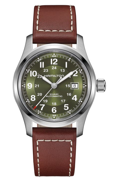 Khaki Field Automatic Leather Strap Watch, 42mm