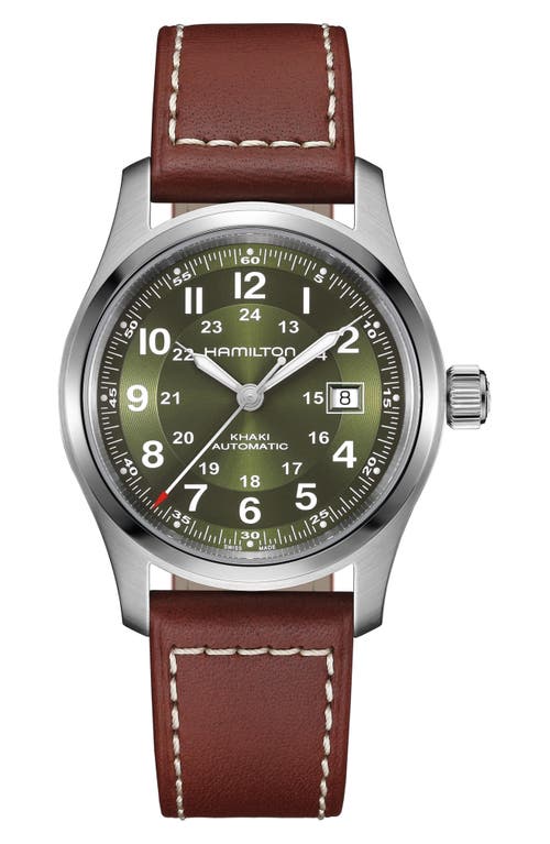 Hamilton Khaki Field Automatic Leather Strap Watch, 42mm In Green