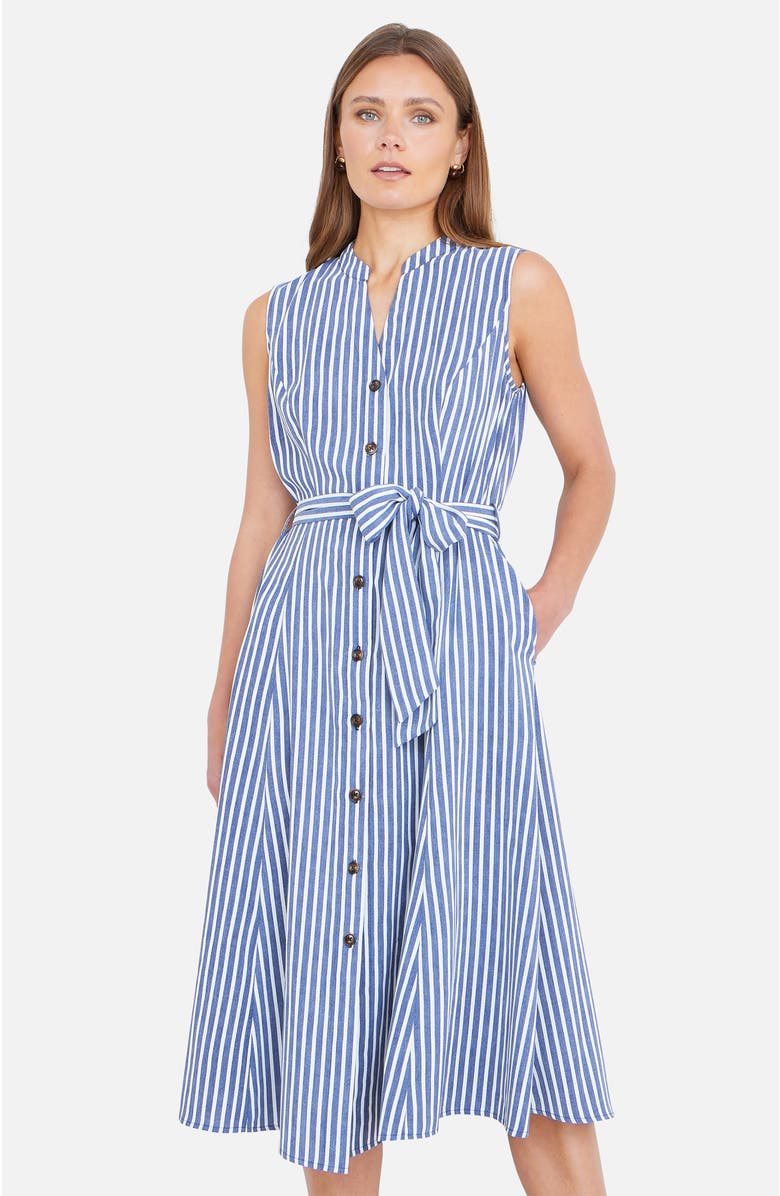 Yumi Stripe Midi Sleeveless Shirt Dress, Main, color, Navy