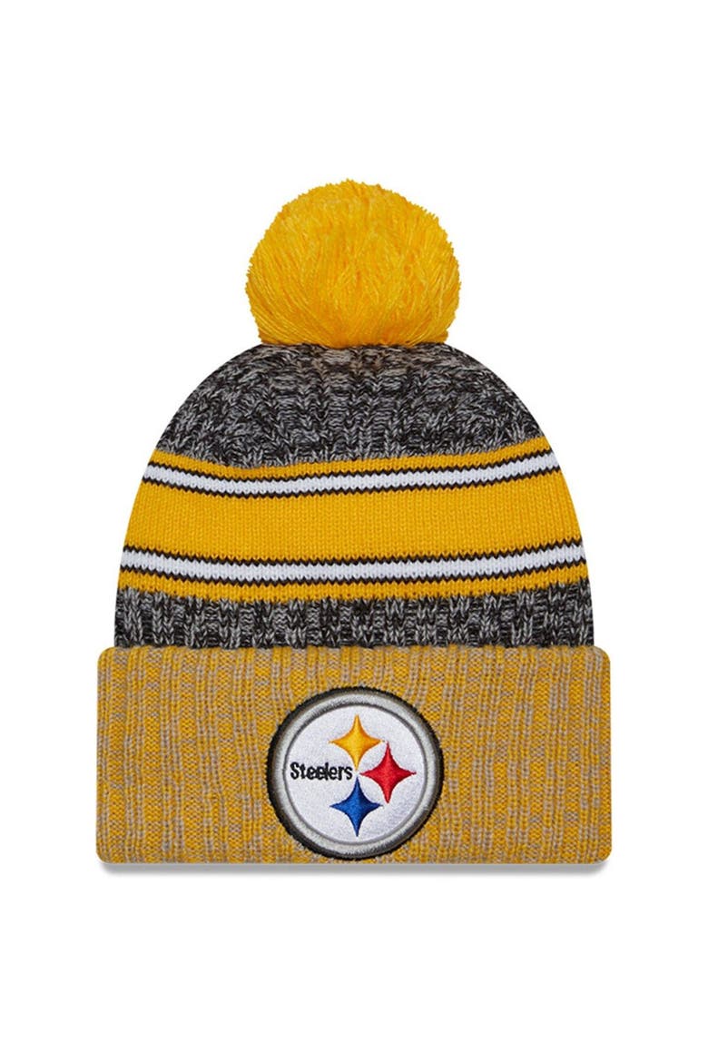 Men's New Era  Black/Gold Pittsburgh Steelers 2023 Sideline Sport Cuffed Pom Knit Hat, Main, color, Black