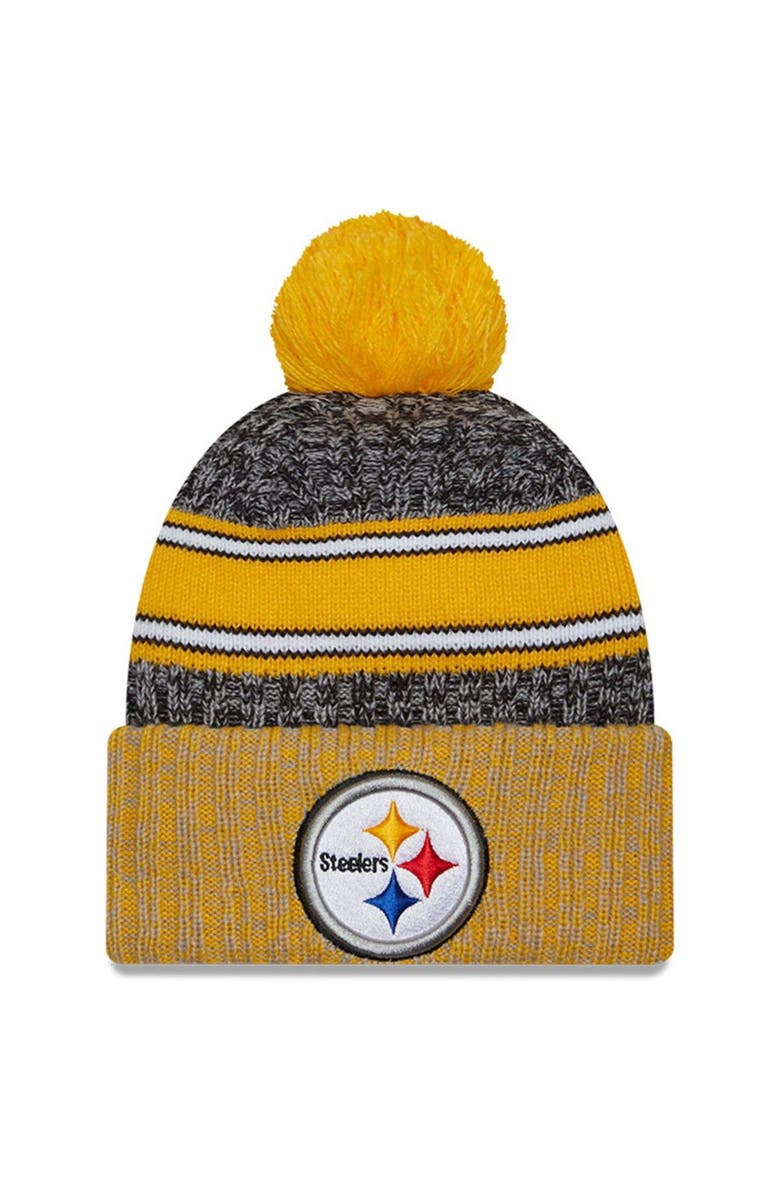 New Era Men's New Era  Black/Gold Pittsburgh Steelers 2023 Sideline Sport Cuffed Pom Knit Hat, Main, color, 