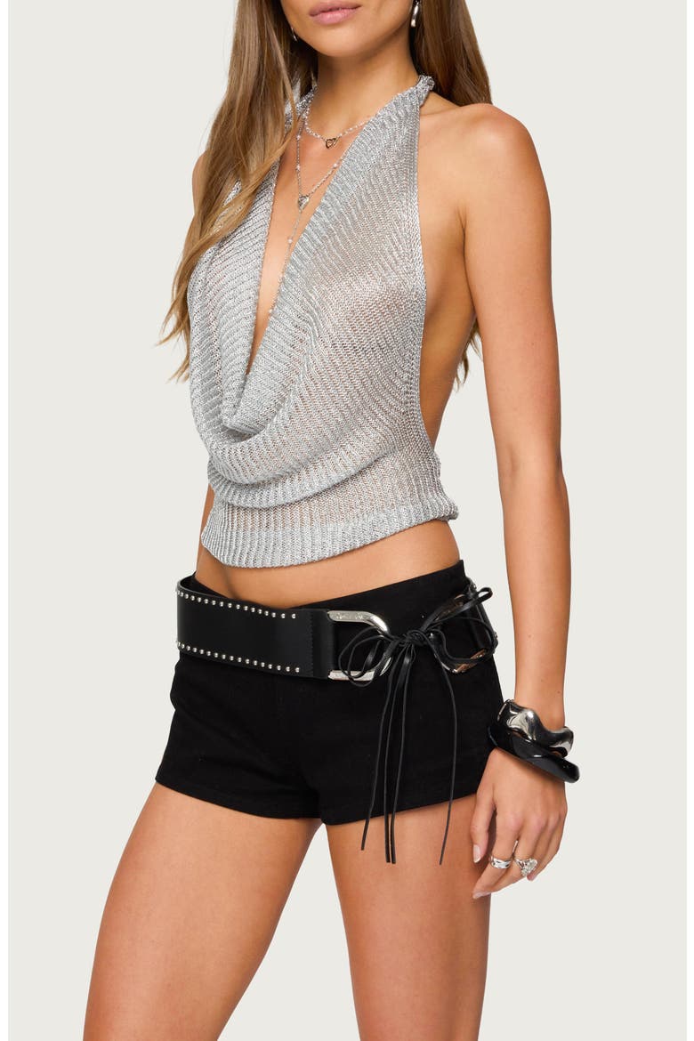 Metallic Cowl Neck Knit Halter Crop Top, Alternate, color, SILVER
