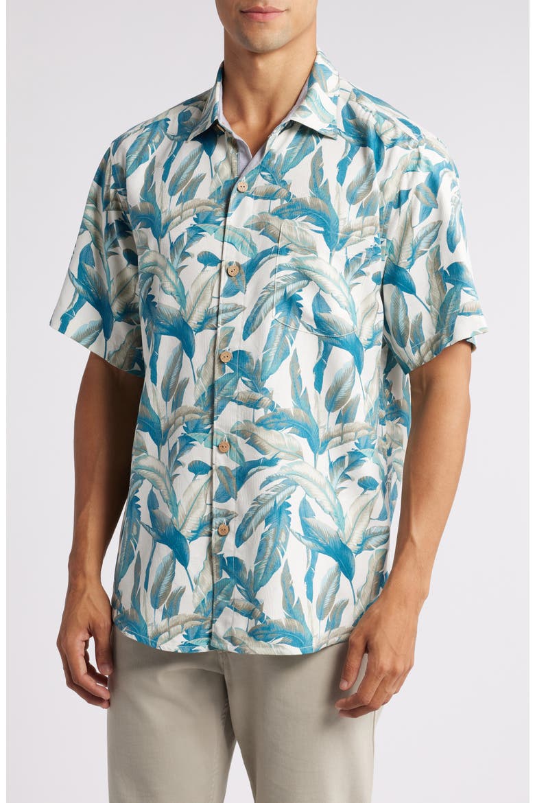 Frond Valley Print Short Sleeve Silk Button-Up Shirt, Main, color, SANDSTONE