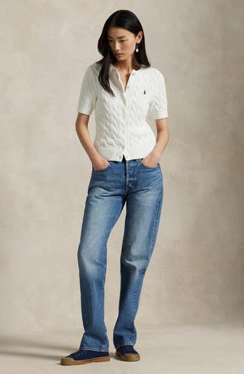 Cable Knit Short Sleeve Cotton Cardigan