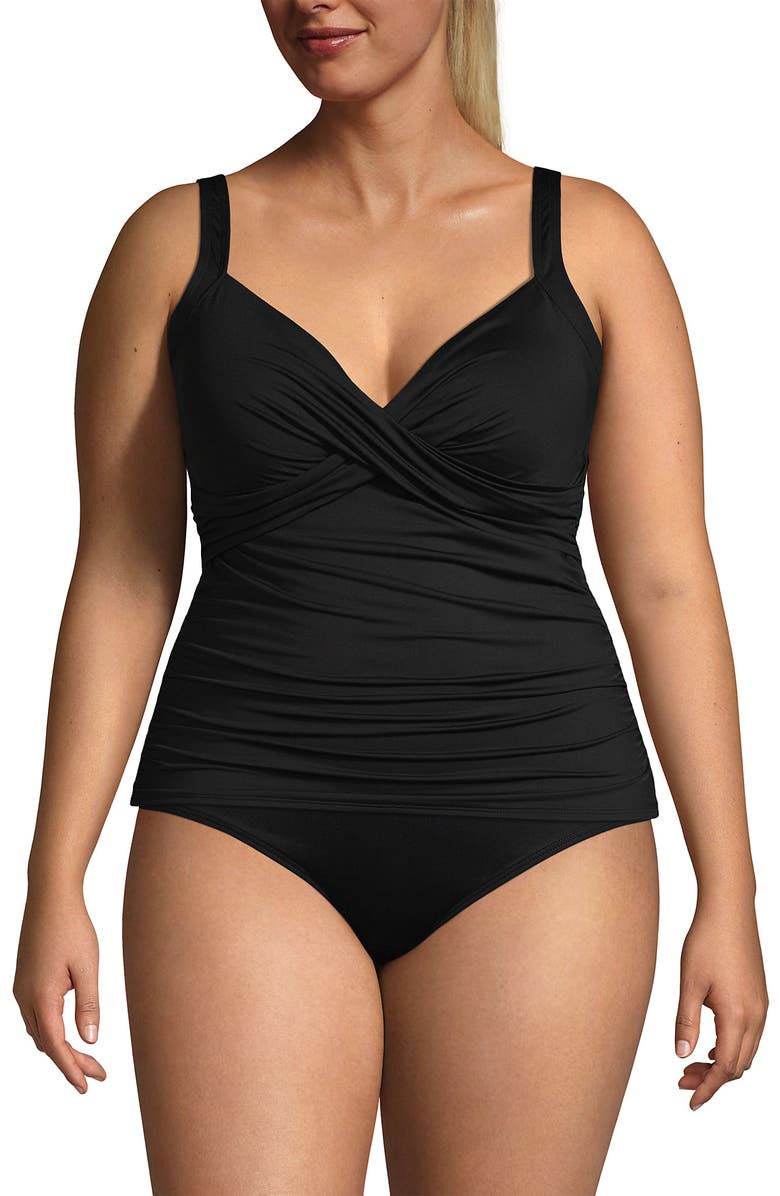 Lands' End Chlorine Resistant Tummy Control V-Neck Wrap Underwire Tankini Top Swimsuit, Alternate, color, Black