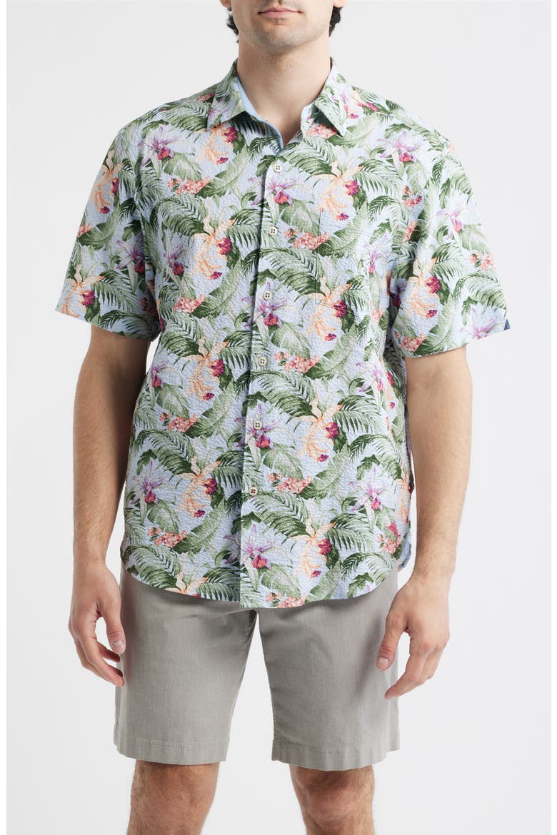 Nova Wave Blue Sky Vines Short Sleeve Seersucker Button-Up Shirt, Main, color, DEW DROP