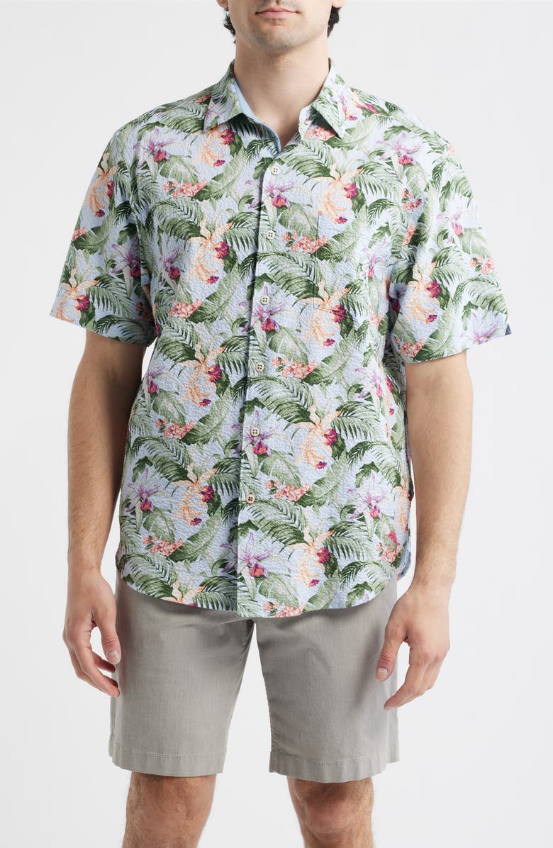 Tommy Bahama Nova Wave Blue Sky Vines Short Sleeve Seersucker Button-Up Shirt, Main, color, Dew Drop