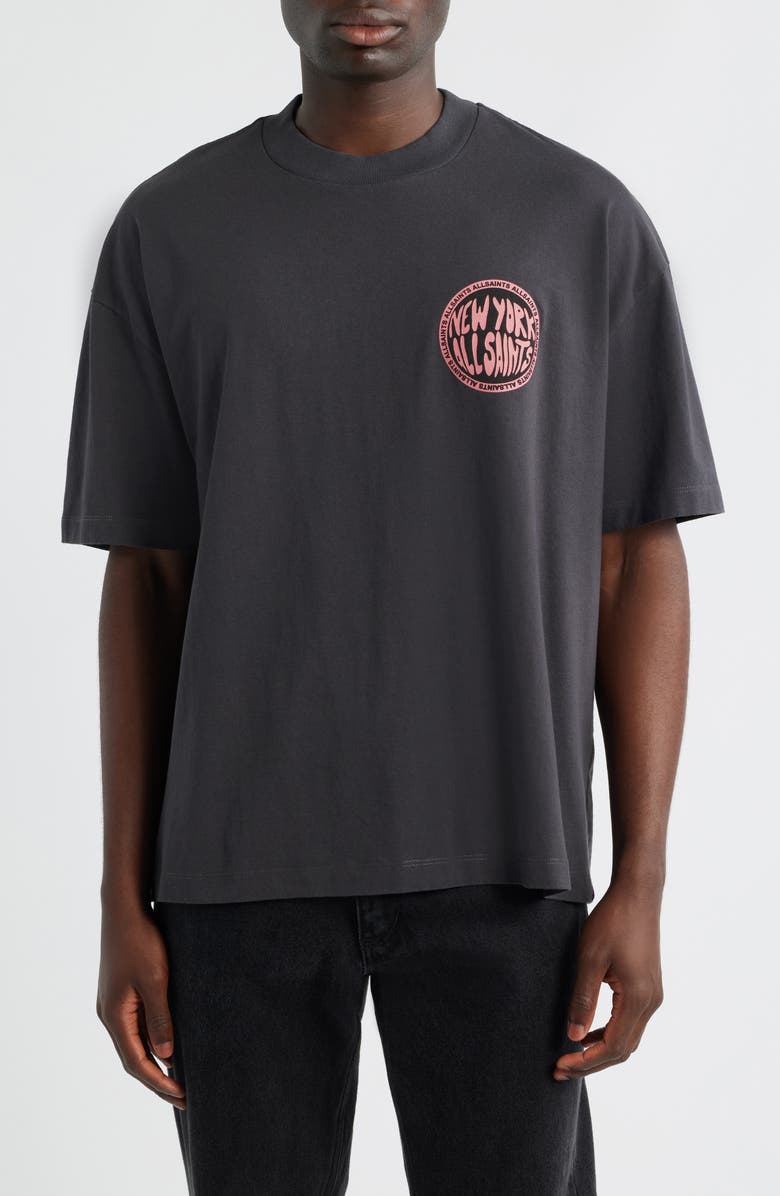 AllSaints New York Cotton Graphic T-Shirt, Main, color, Washed Black