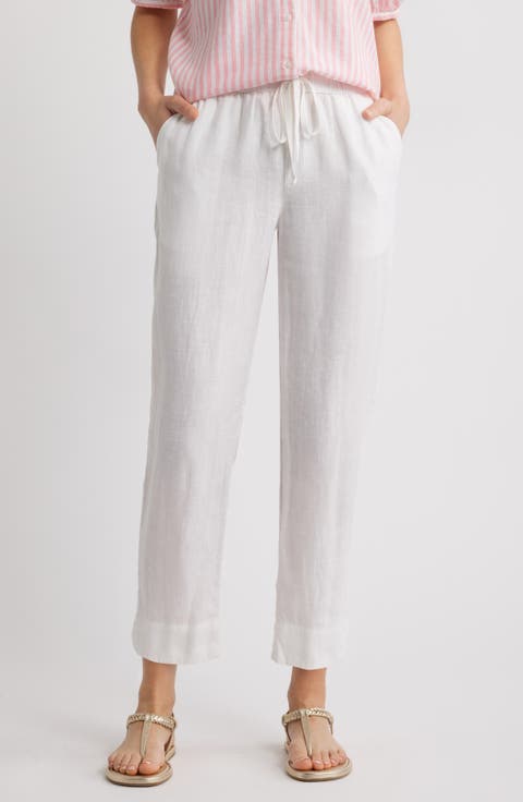 パンツ PLAIN White Trousers with Wide Leg in Linen Woman White Linen Pants Women, Wide Leg Linen Pants, Palazzo Pants