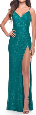 La Femme Ruched Sequin Dress with Open Tie Back