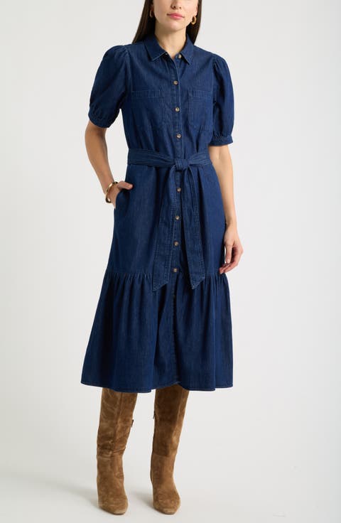 Belted Cotton Chambray Midi Dress