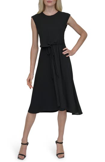 Shop Dkny Tie Waist Midi Dress In Black