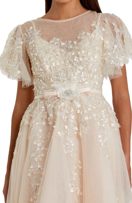 Mac Duggal Embellished Flutter Sleeve Bow Waist A Line Dress In Nude