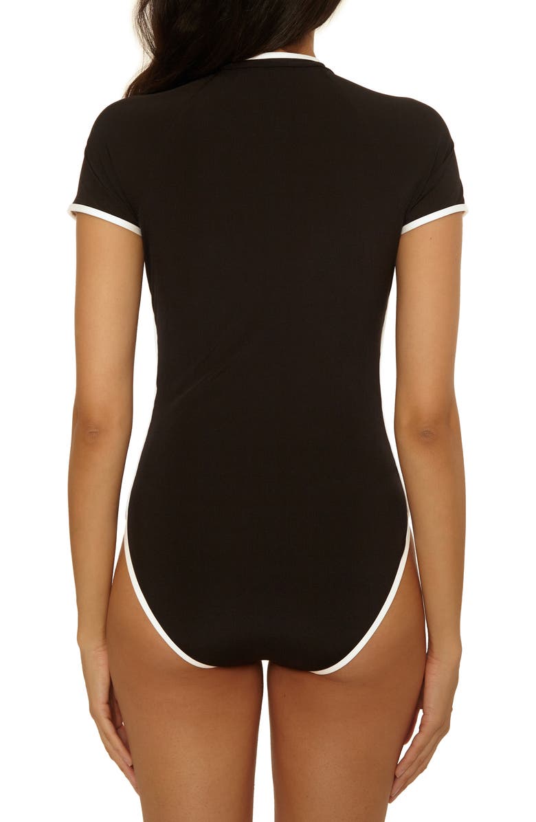 Trina Turk Triumph Contrast Binding Short Sleeve Rib One-Piece Rashguard Swimsuit, Alternate, color, Black
