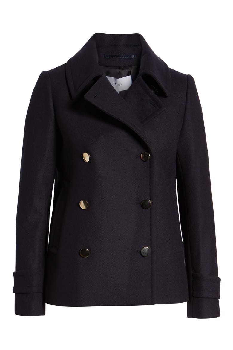 Becall Double Breasted Wool Blend Peacoat, Alternate, color, NAVY