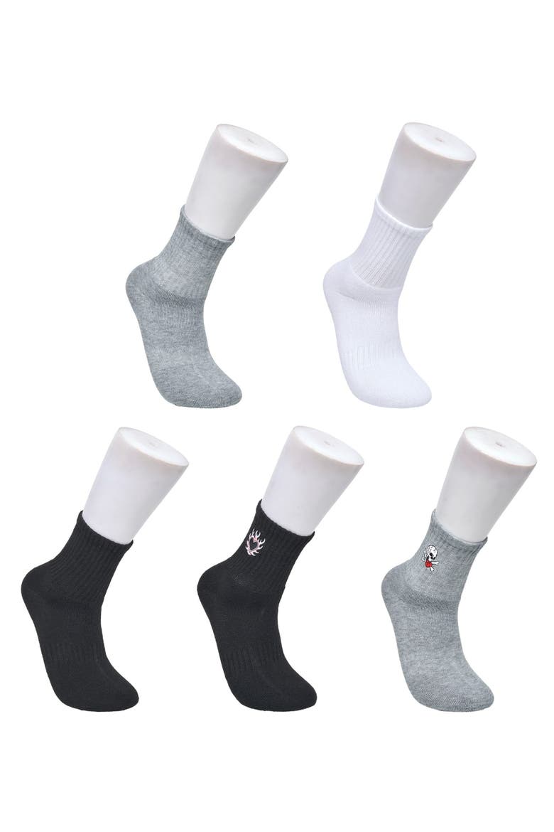 Heart Skull Embroidery Half Cushion Mid Crew Sock 5-Pack, Main, color, Black White Grey
