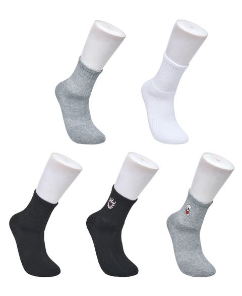Heart Skull Embroidery Half Cushion Mid Crew Sock 5-Pack