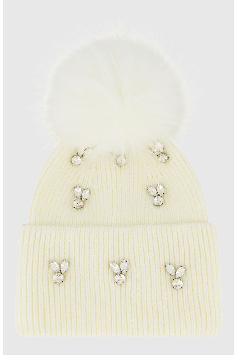Knit Hat With Fur-Free Fox (Faux Fur) Pompom, Alternate, color, WHITE/WHITE