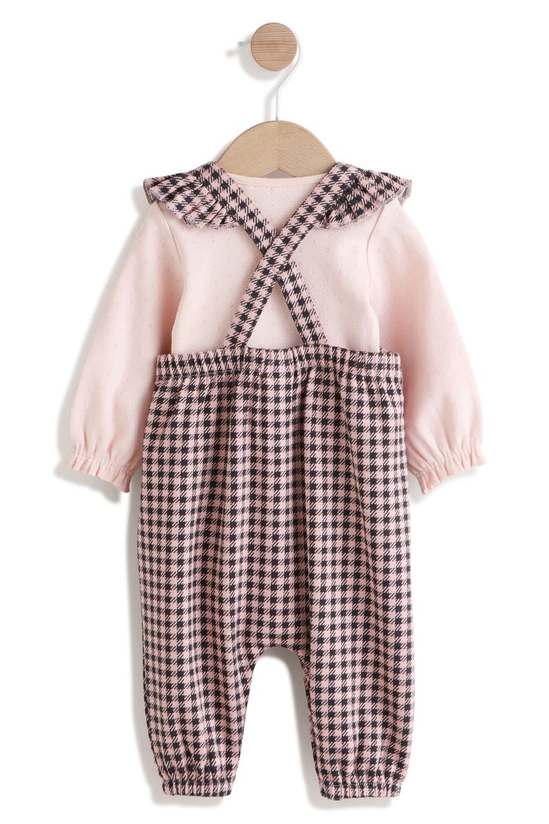 Pointelle Bodysuit & Bow Accent Check Overalls Set, Alternate, color, PINK