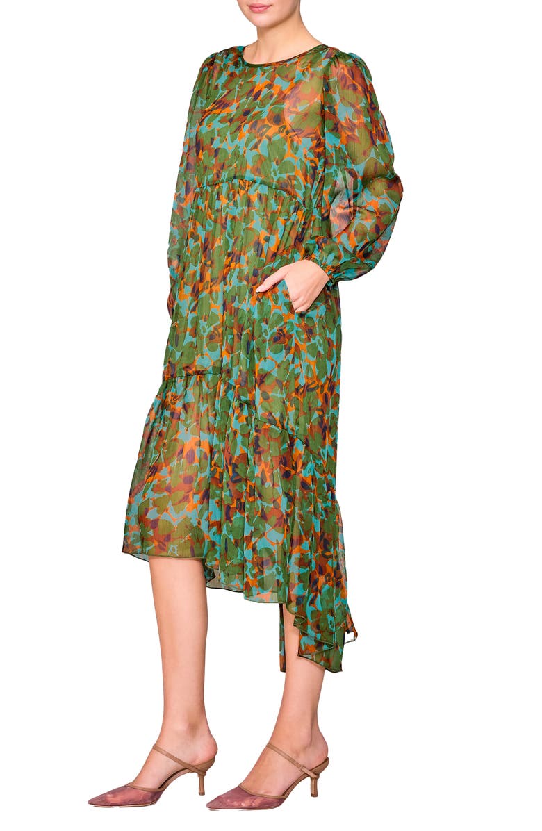 MELLODAY Tiered High-Low Long Sleeve Dress, Alternate, color, Green Multi