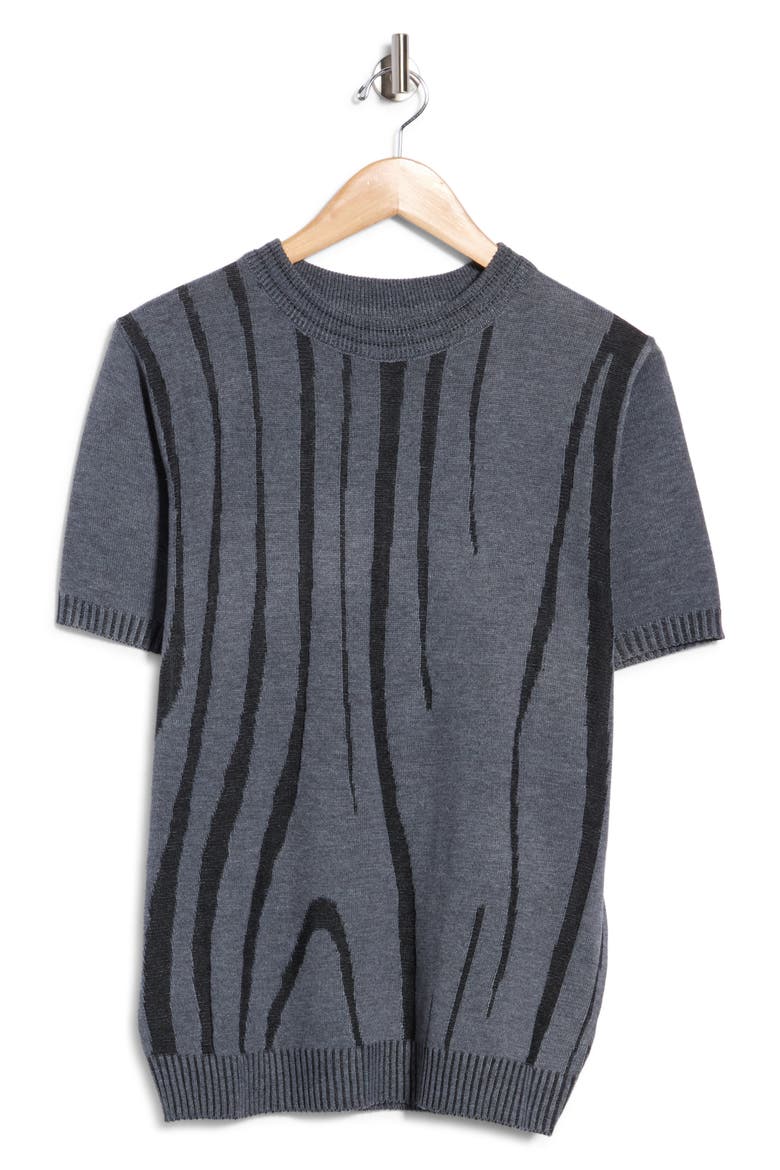 Abstract Linear Jacquard Short Sleeve Sweater, Main, color, BLACK