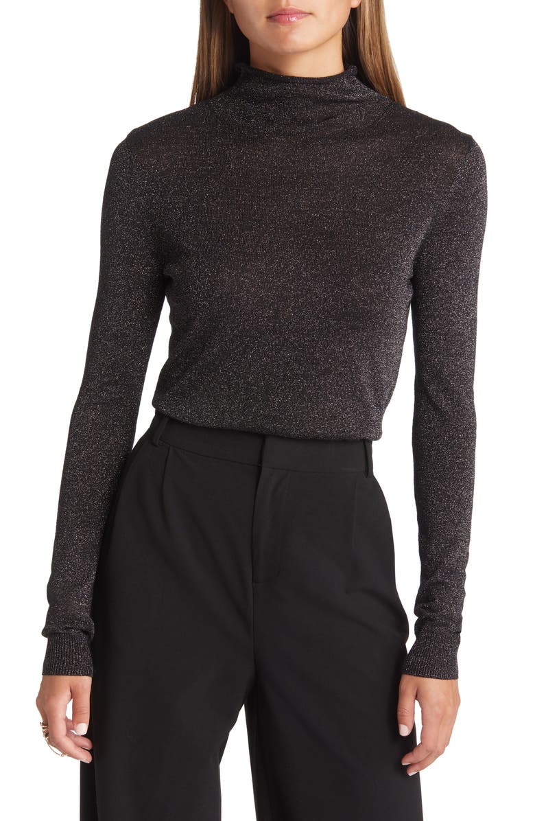 Open Edit Sparkle Rolled Mock Neck Sweater, Main, color,